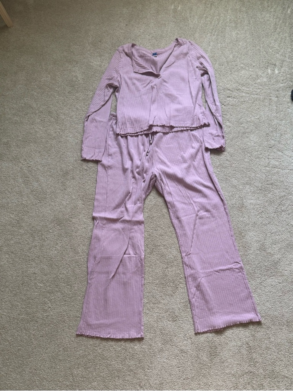 Old Navy Dusty Lavender Ribbed Pajama Set - Long Sleeve Top & Drawstring Pants